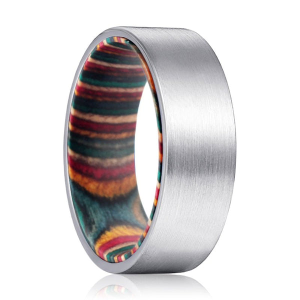 PRISM | Multi Color Wood, Silver Tungsten Ring, Brushed, Flat - Rings - Aydins Jewelry - 1