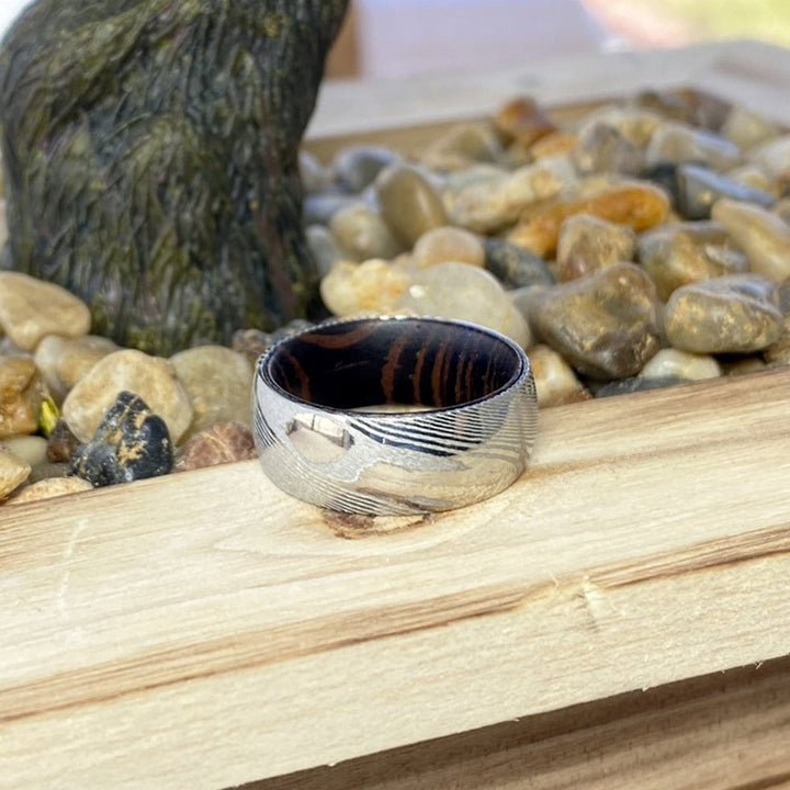 PROTECTOR | Wenge Wood, Silver Damascus Steel, Domed - Rings - Aydins Jewelry - 6