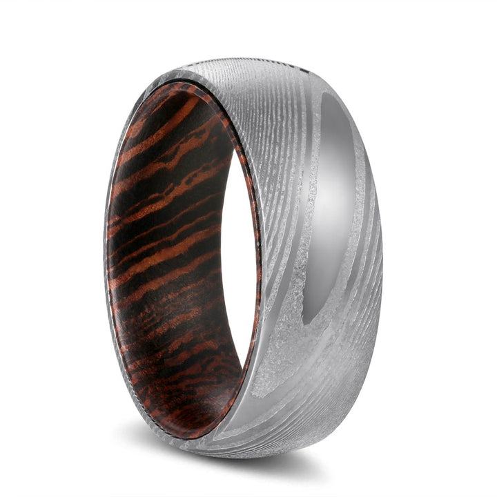 PROTECTOR | Wenge Wood, Silver Damascus Steel, Domed - Rings - Aydins Jewelry - 1
