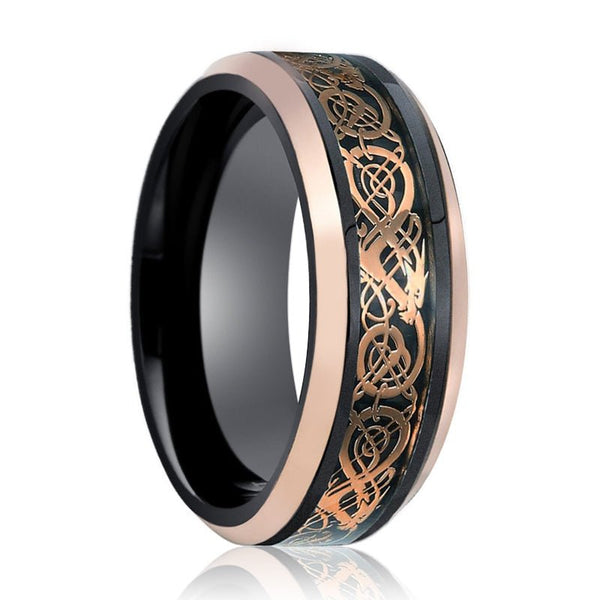 PROTO | Black Tungsten Ring, Rose Gold Celtic Cut-Out Design, Rose Gold Beveled