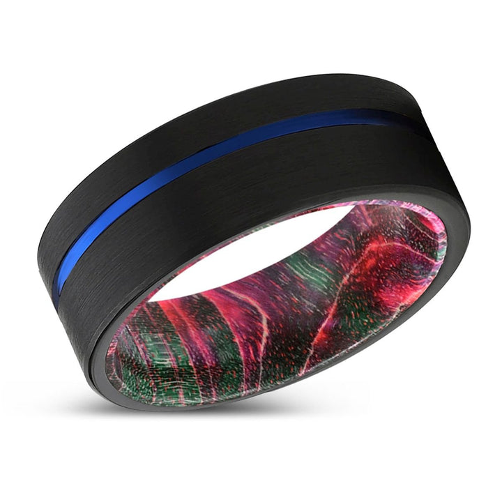 PSEUDO | Green & Red Wood, Black Tungsten Ring, Blue Offset Groove, Flat - Rings - Aydins Jewelry - 2
