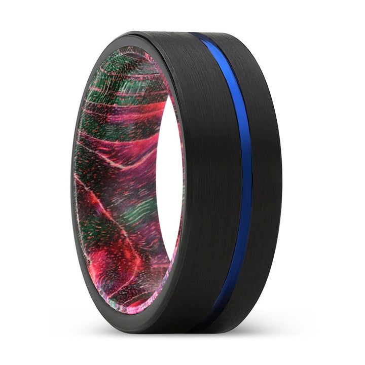 PSEUDO | Green & Red Wood, Black Tungsten Ring, Blue Offset Groove, Flat - Rings - Aydins Jewelry - 1
