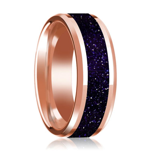 14K Rose Gold Wedding Ring with Purple Goldstone Inlaid Polished Band Beveled Edge - Rings - Aydins_Jewelry