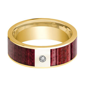 Purpleheart Wood inlay 14k white gold wedding band 8mm with diamond, side profile