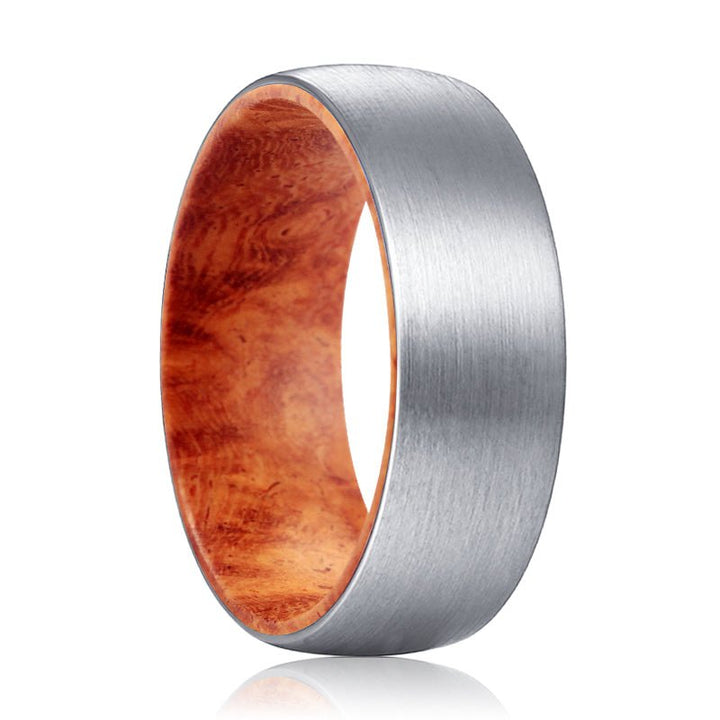 PYRO | Red Burl Wood, Silver Tungsten Ring, Brushed, Domed - Rings - Aydins Jewelry - 1
