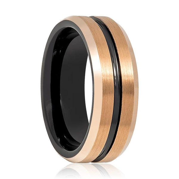 Comfort Fit Rose Gold & Black Grooved Tungsten Men's Wedding Band with Beveled Edges - Rings - Aydins_Jewelry