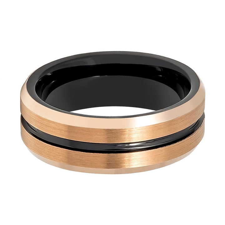 QUAKE | Rose Gold Tungsten Ring, Black Groove, Beveled