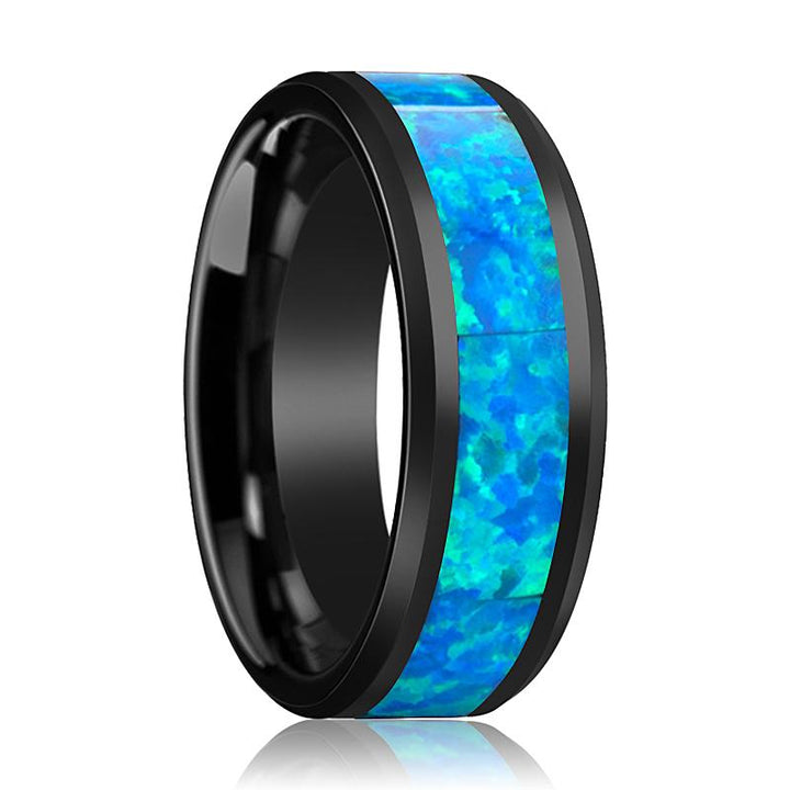 QUANTUM | Black Ceramic Ring, Blue & Green Opal Inlay, Beveled - Rings - Aydins Jewelry - 1
