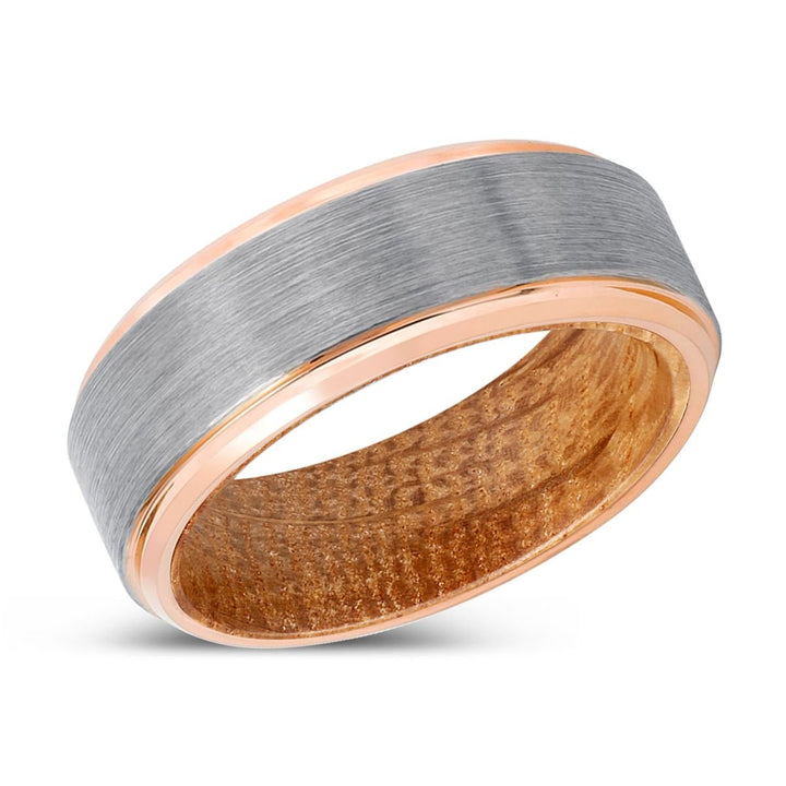 RADIC | Whiskey Barrel Wood, Silver Tungsten Ring, Brushed, Rose Gold Stepped Edge - Rings - Aydins Jewelry - 2
