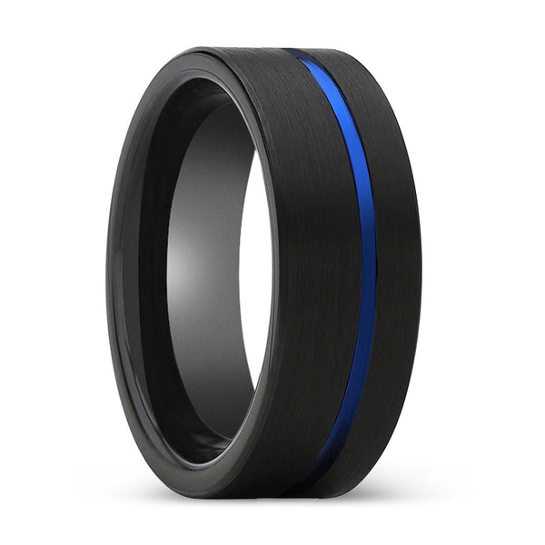 RAPTOR | Black Ring, Black Tungsten Ring, Blue Offset Groove, Flat - Rings - Aydins Jewelry - 1
