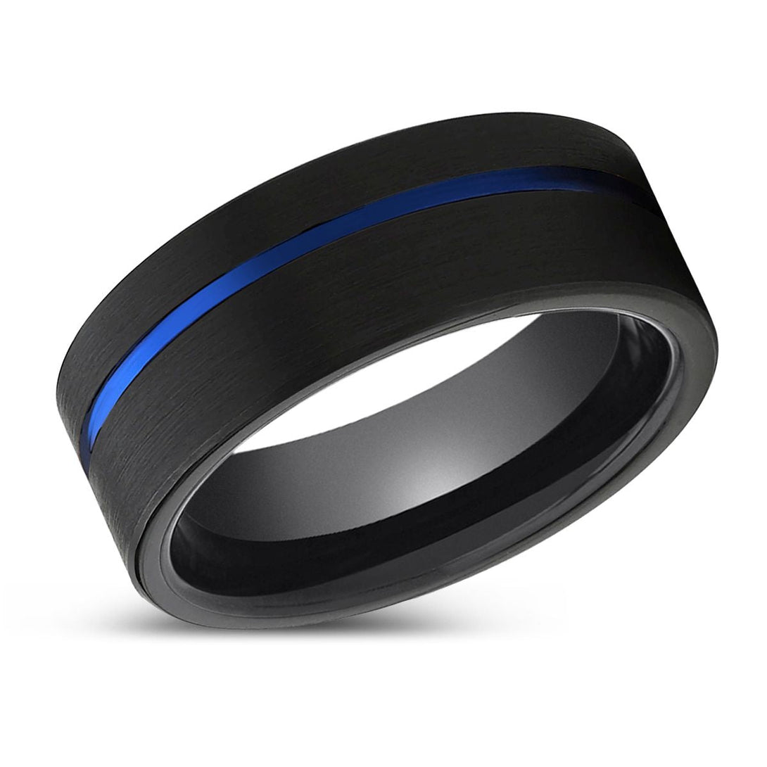 RAPTOR | Black Ring, Black Tungsten Ring, Blue Offset Groove, Flat - Rings - Aydins Jewelry - 2