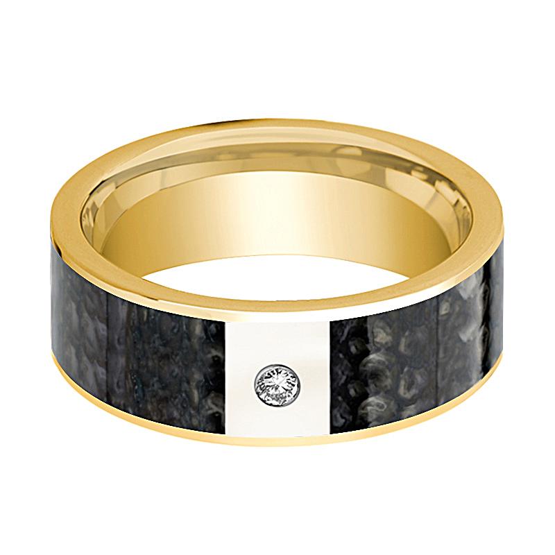 Dinosaur Bone inlay 14k yellow gold wedding band with diamond, side profile