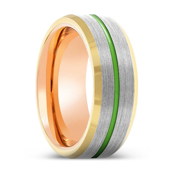 RAVAGER | Rose Gold Ring, Silver Tungsten Ring, Green Groove, Gold Beveled Edge