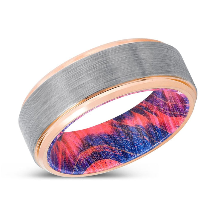 RAVEN | Blue & Red Wood, Silver Tungsten Ring, Brushed, Rose Gold Stepped Edge - Rings - Aydins Jewelry - 2