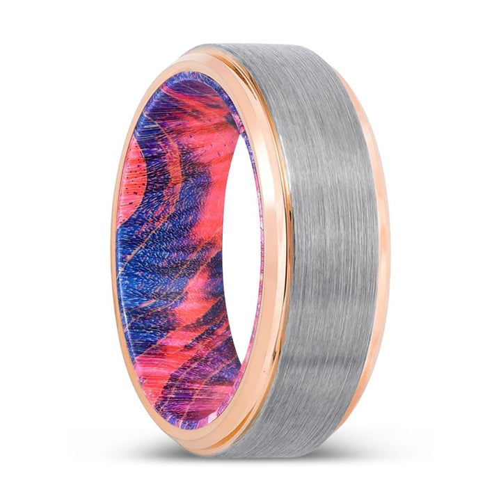 RAVEN | Blue & Red Wood, Silver Tungsten Ring, Brushed, Rose Gold Stepped Edge - Rings - Aydins Jewelry - 1