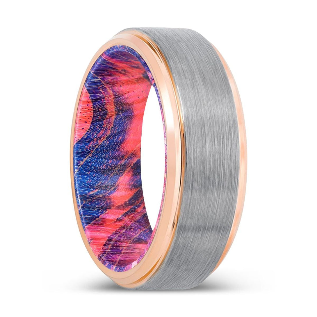 RAVEN | Blue & Red Wood, Silver Tungsten Ring, Brushed, Rose Gold Stepped Edge - Rings - Aydins Jewelry - 1