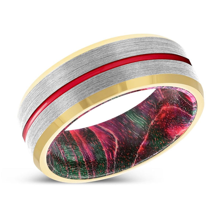 RAZE | Green and Red Wood, Silver Tungsten Ring, Red Groove, Gold Beveled Edge - Rings - Aydins Jewelry - 2