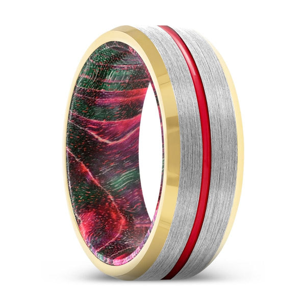 RAZE | Green and Red Wood, Silver Tungsten Ring, Red Groove, Gold Beveled Edge - Rings - Aydins Jewelry - 1