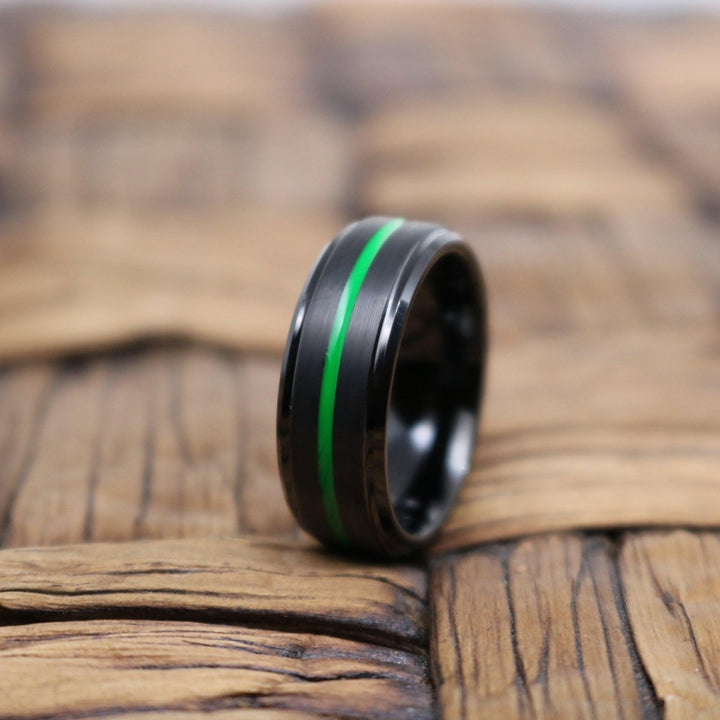 REAPER | Black Ring, Black Tungsten Ring, Green Groove, Stepped Edge - Rings - Aydins Jewelry - 5