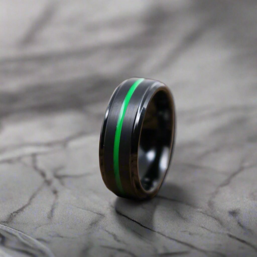 REAPER | Black Ring, Black Tungsten Ring, Green Groove, Stepped Edge - Rings - Aydins Jewelry - 5