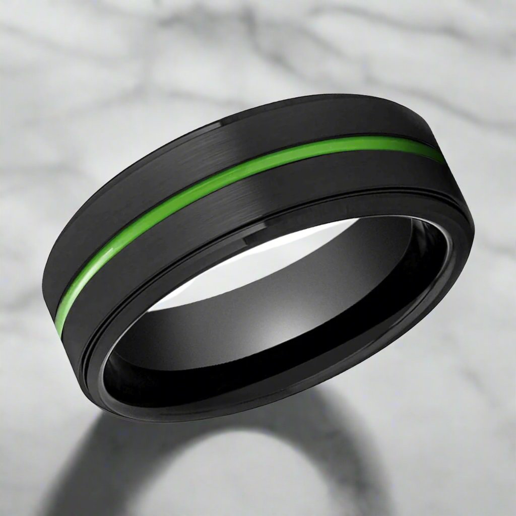 REAPER | Black Ring, Black Tungsten Ring, Green Groove, Stepped Edge - Rings - Aydins Jewelry - 2