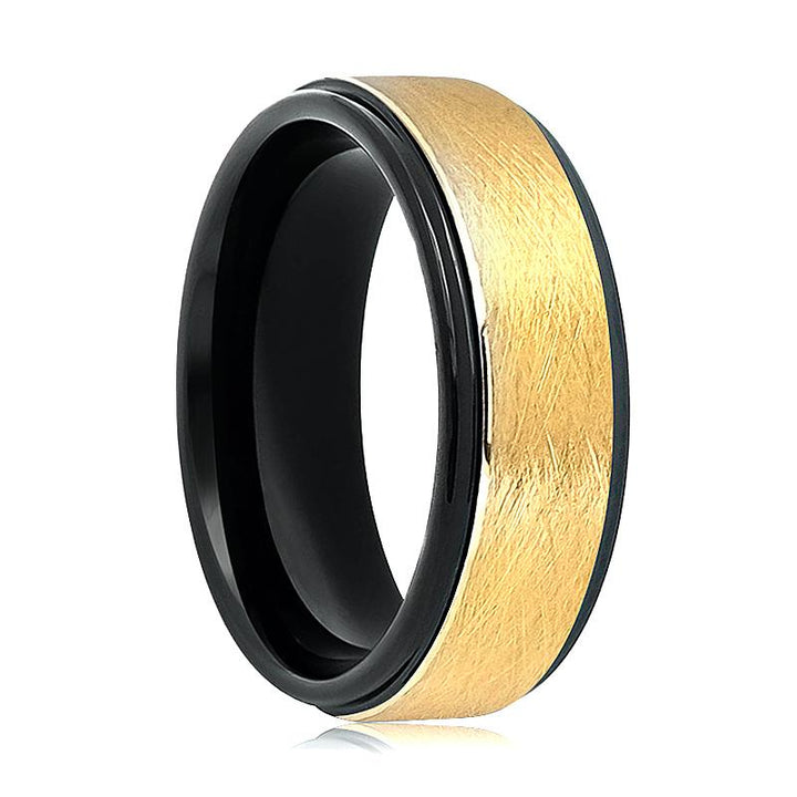 REBECK | Black Tungsten Ring, Gold Wire Brushed, Stepped Edge