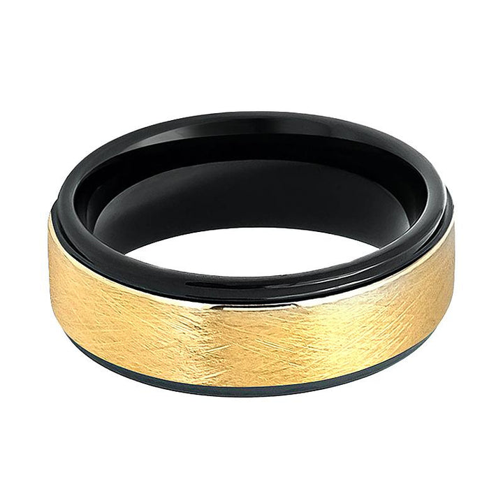 REBECK | Black Tungsten Ring, Gold Wire Brushed, Stepped Edge - Rings - Aydins Jewelry - 2