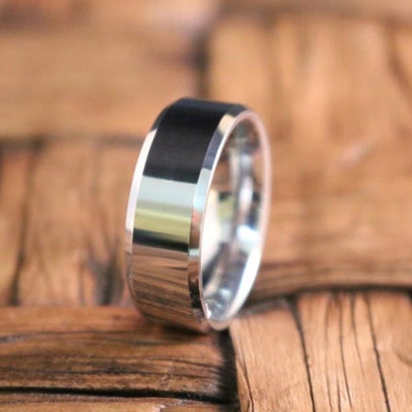 High Polished Silver Tungsten Couple Matching Wedding Band with Beveled Edges - 6MM - 8MM - Rings - Aydins_Jewelry
