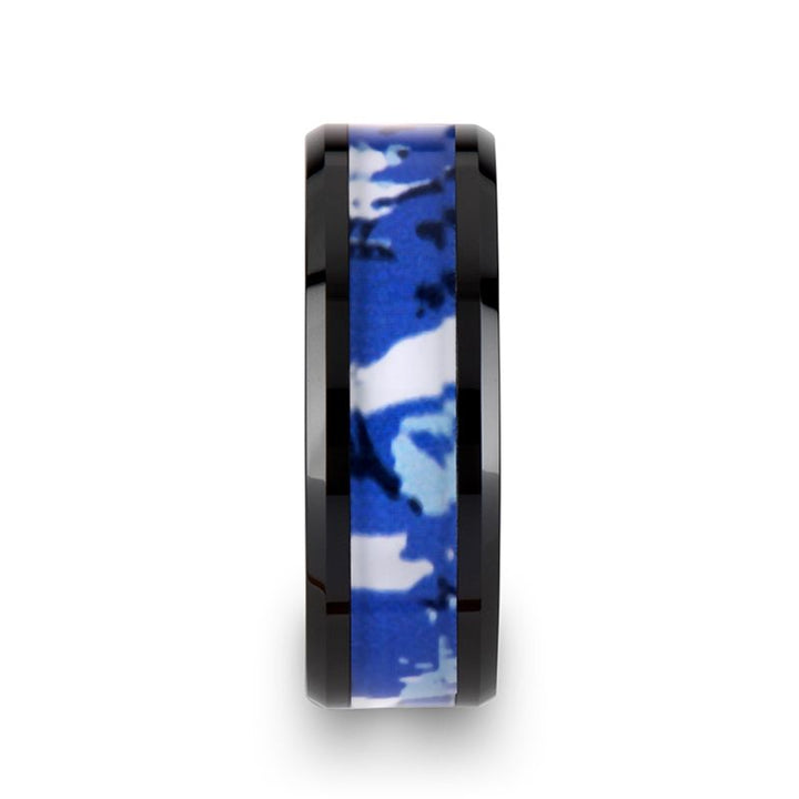 RECOIL | Black Ceramic Ring Blue and White Camouflage Inlay - Rings - Aydins Jewelry - 2