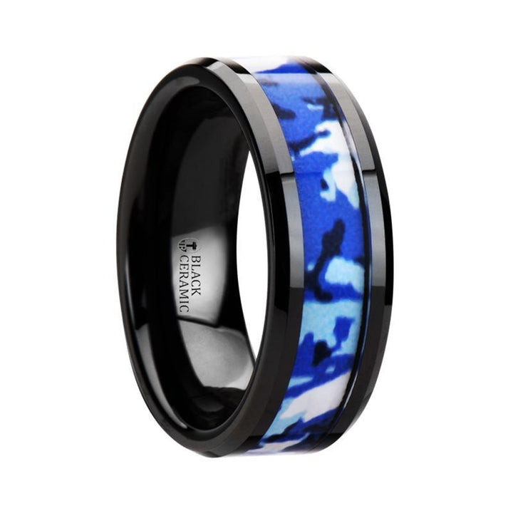 RECOIL | Black Ceramic Ring Blue and White Camouflage Inlay - Rings - Aydins Jewelry - 1