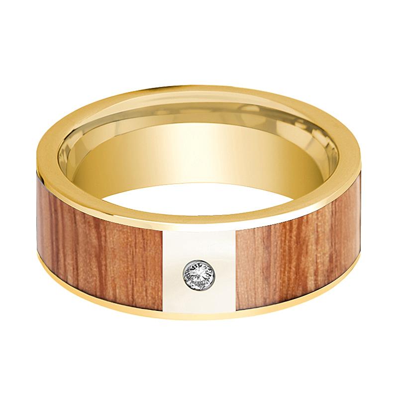 Red Oak Wood inlay 14k yellow gold wedding band 8mm with diamond, side profile
