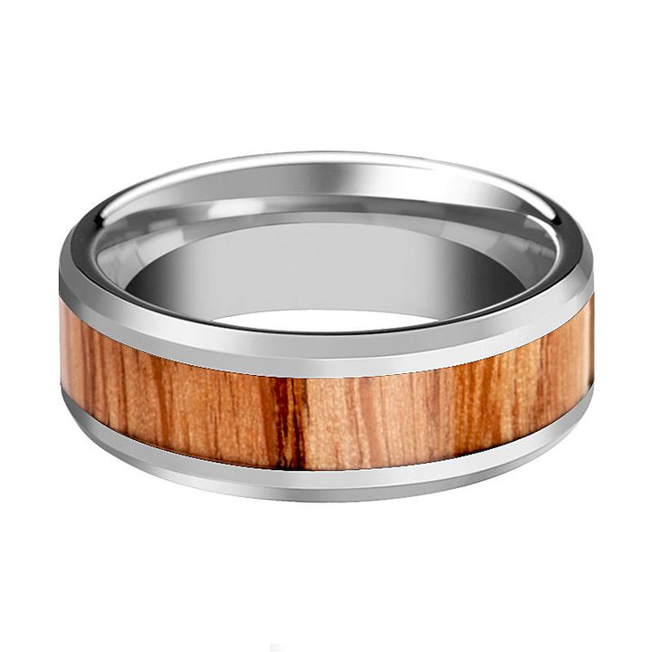 VERMILLION | Silver Tungsten Ring, Red Oak Wood Inlay, Beveled - Rings - Aydins Jewelry - 2