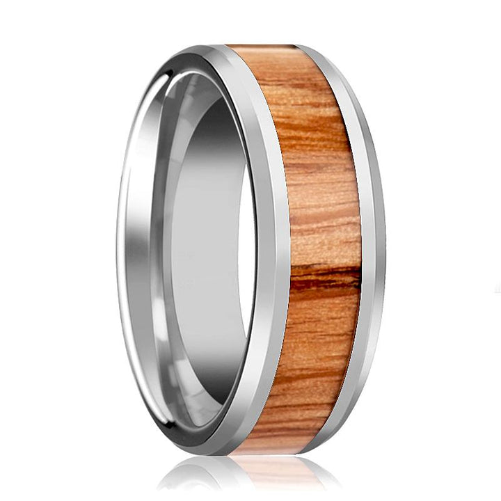 VERMILLION | Silver Tungsten Ring, Red Oak Wood Inlay, Beveled - Rings - Aydins Jewelry - 1