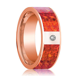 Red Opal inlay 14k rose gold wedding band 8mm with diamond, top view