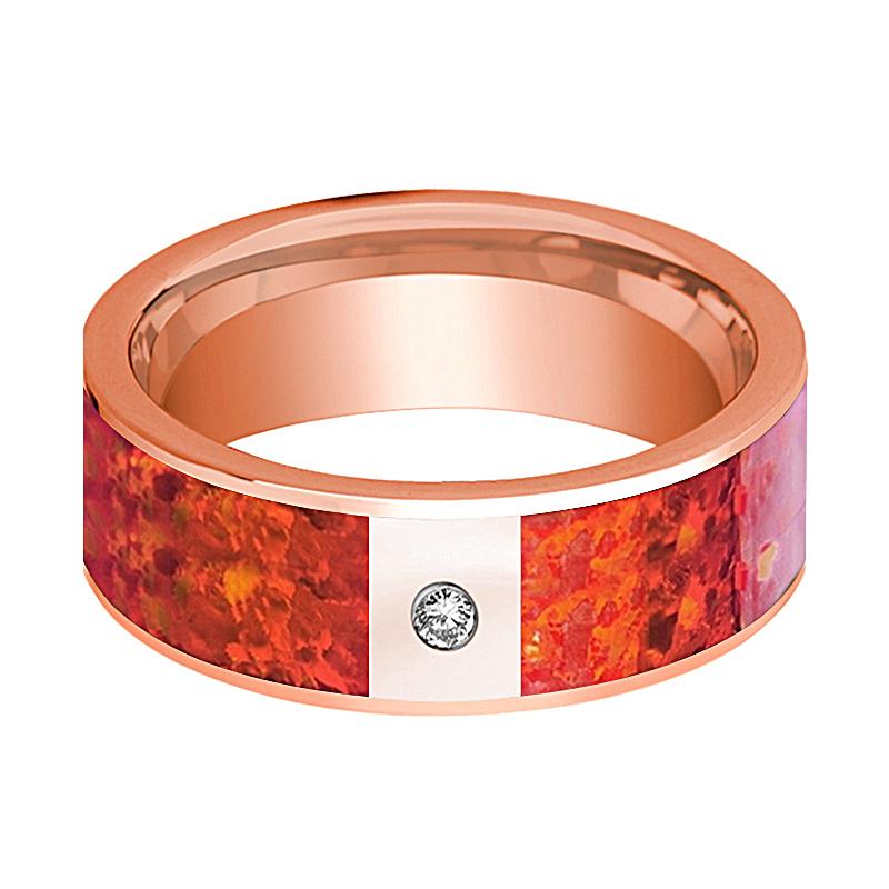 Red Opal inlay 14k rose gold wedding band 8mm with diamond, side profile