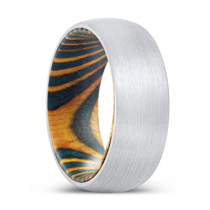 REFLECTION | Green & Yellow Wood, White Tungsten Ring, Brushed, Domed - Rings - Aydins Jewelry - 1
