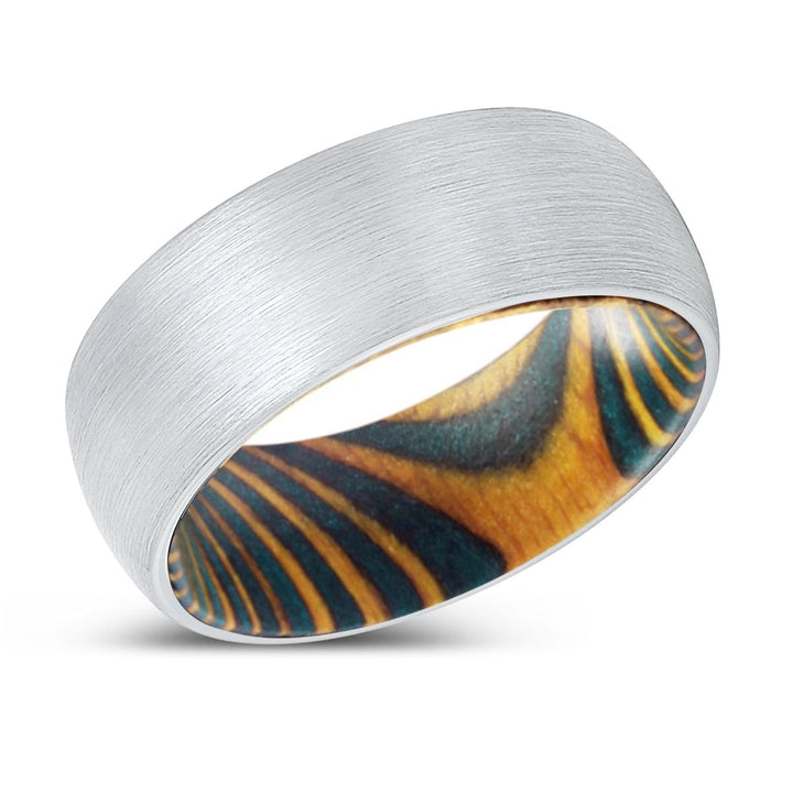 REFLECTION | Green & Yellow Wood, White Tungsten Ring, Brushed, Domed - Rings - Aydins Jewelry - 2