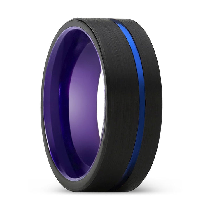 REGAL | Purple Ring, Black Tungsten Ring, Blue Offset Groove, Flat - Rings - Aydins Jewelry - 1