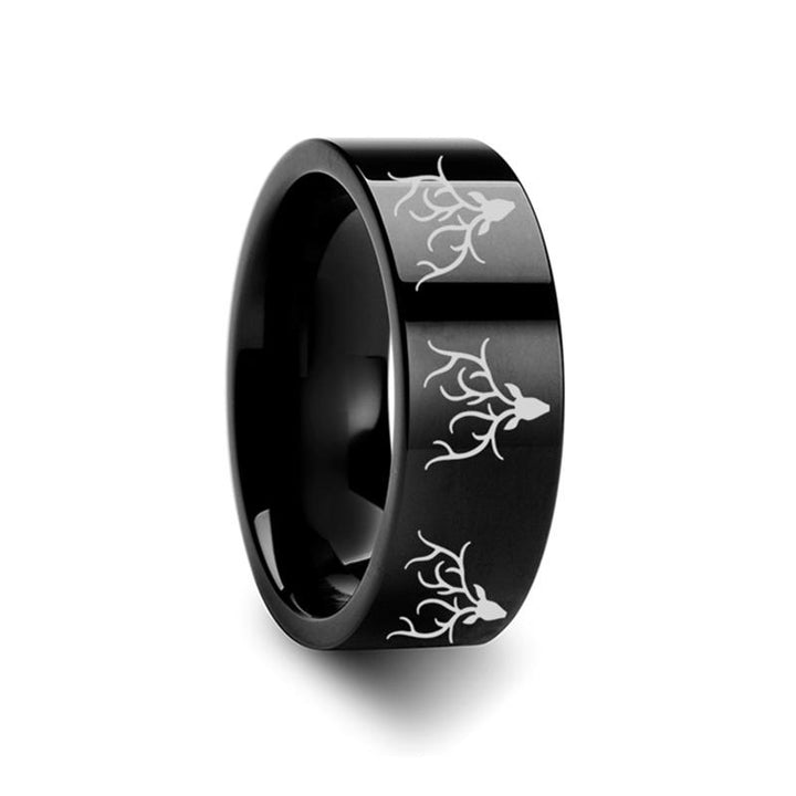 Reindeer Deer Stag Head Print Engraved Flat Tungsten Wedding Band for Men and Women - 4MM - 12MM - Rings - Aydins Jewelry - 2