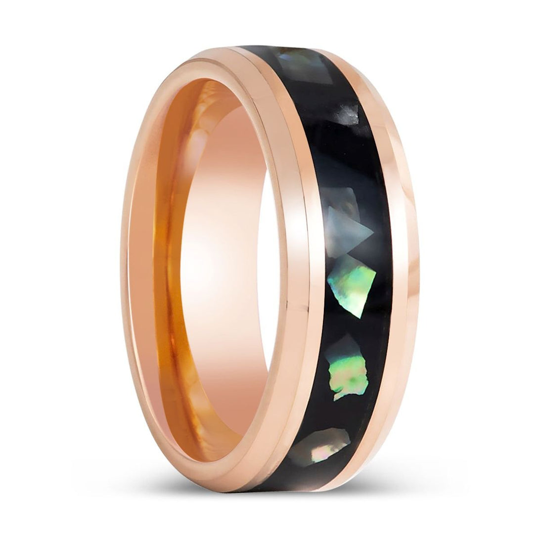 RESINOVA | Rose Gold Tungsten Ring, Black Resin & Abalone Shell Inlay - Rings - Aydins Jewelry - 1