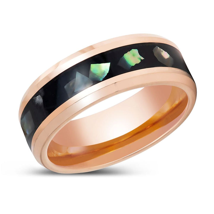 RESINOVA | Rose Gold Tungsten Ring, Black Resin & Abalone Shell Inlay - Rings - Aydins Jewelry - 2