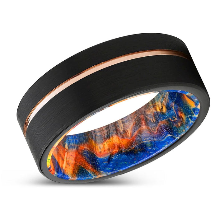 REVOLT | Blue & Yellow/Orange Wood, Black Tungsten Ring, Rose Gold Offset Groove, Brushed, Flat - Rings - Aydins Jewelry - 2