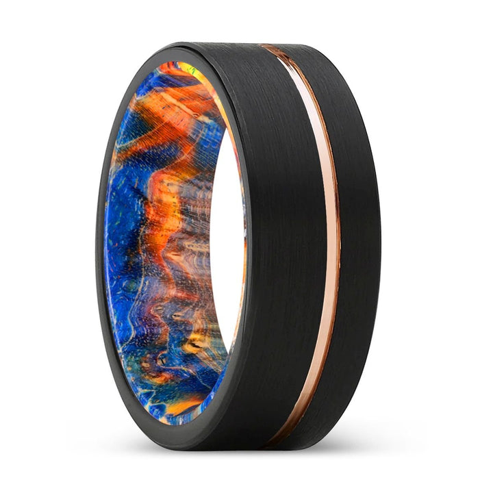 REVOLT | Blue & Yellow/Orange Wood, Black Tungsten Ring, Rose Gold Offset Groove, Brushed, Flat - Rings - Aydins Jewelry - 1