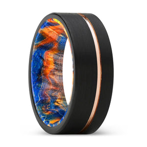 REVOLT | Blue & Yellow/Orange Wood, Black Tungsten Ring, Rose Gold Offset Groove, Brushed, Flat - Rings - Aydins Jewelry - 1
