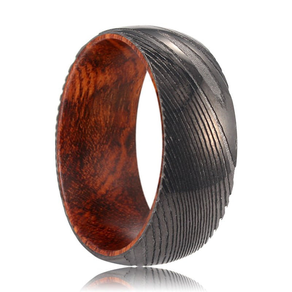 RIDDLE | Snake Wood, Gunmetal Damascus Steel Ring, Domed - Rings - Aydins Jewelry - 1