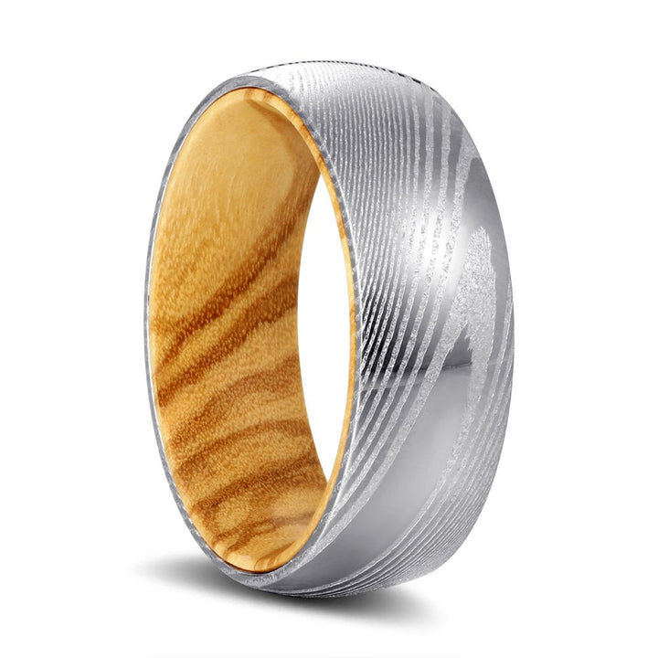 RIDGES | Olive Wood, Silver Damascus Steel, Domed - Rings - Aydins Jewelry - 1