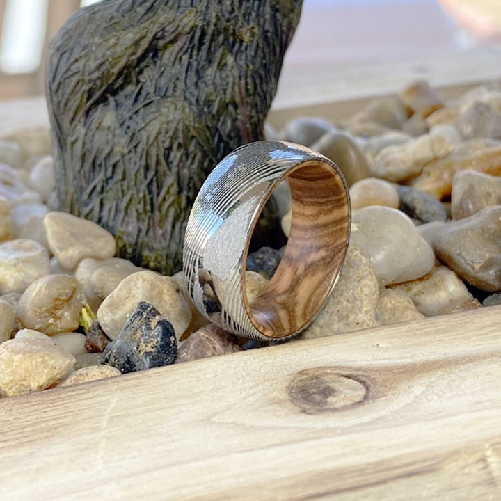 RIDGES | Olive Wood, Silver Damascus Steel, Domed - Rings - Aydins Jewelry - 6
