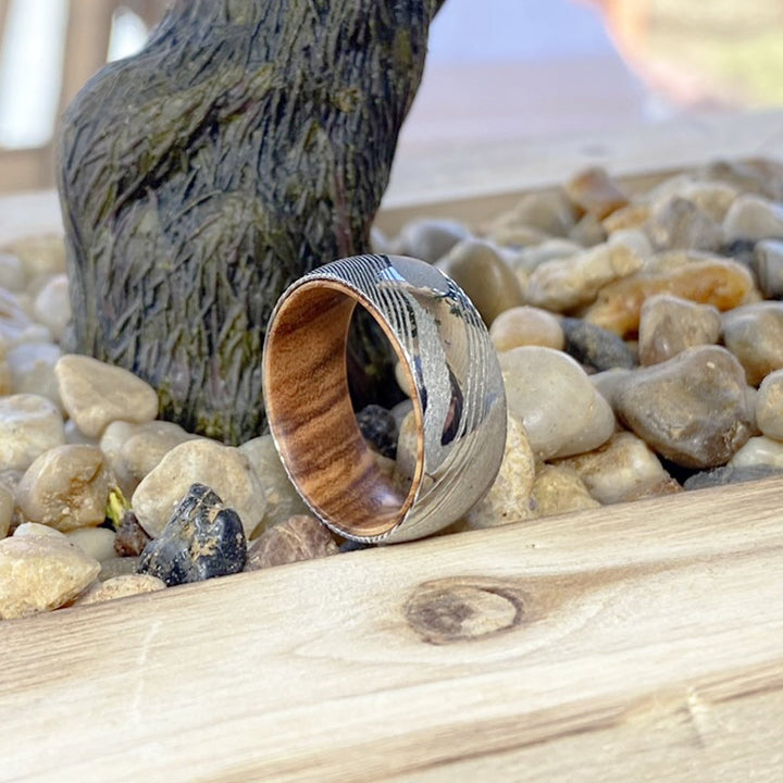 RIDGES | Olive Wood, Silver Damascus Steel, Domed - Rings - Aydins Jewelry - 5