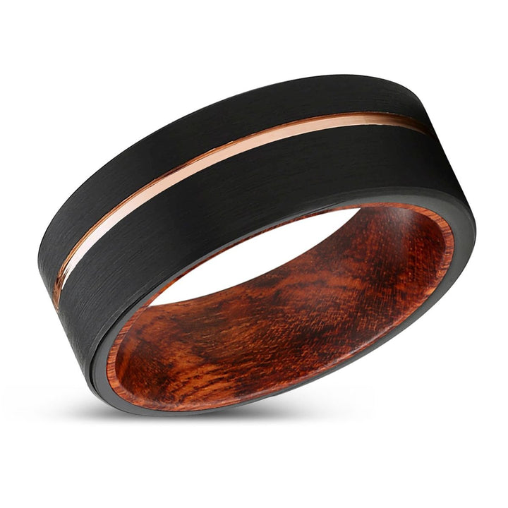 ROAMER | Snake Wood, Black Tungsten Ring, Rose Gold Offset Groove, Brushed, Flat - Rings - Aydins Jewelry - 2