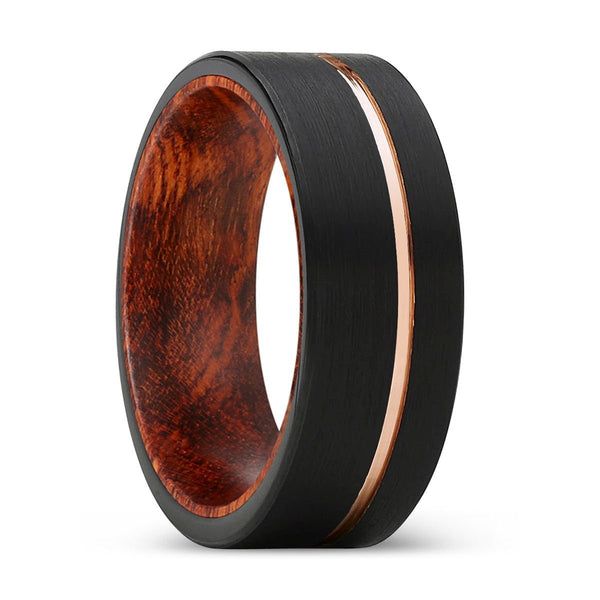 ROAMER | Snake Wood, Black Tungsten Ring, Rose Gold Offset Groove, Brushed, Flat - Rings - Aydins Jewelry - 1